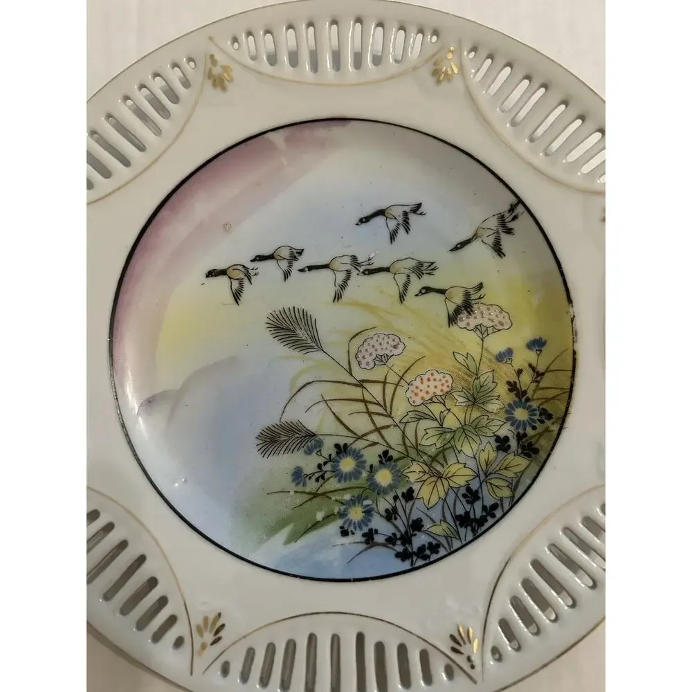 Antique Nippon Hand Painted Moriage Reticulated 9” Plate Floral Geese Gold Gilde